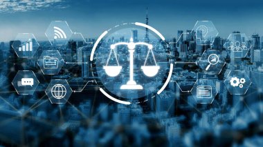 Adalet ölçeğini gösteren fütürist dijital hukuk arayüzü, dijital hukukun altını çizen, AI uyumu, dijital hukuk sistemleri ve güvenli yönetim için dijital hukuk düzenlemeleri. Muxer
