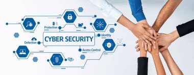 Bir araya toplanmış ellerle, koruma, erişim kontrolü, saptama ve kimlik yönetimi için siber güvenlikteki takım çalışmasını sembolize eden işbirlikçi bir çaba. Dostluk