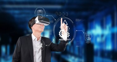 Gösterişli bir modern çalışma alanında verimliliği ve verimliliği arttırmak için sanal gerçekliğe dalan bir profesyonel. Dijital örtüler yenilikçi etkileşimleri ve kavramları geliştirir. XDMCP