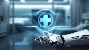 Robotik el işaretini kapat ve bulanık laboratuvar geçmişine sahip çapraz holograma dokun. Tıbbi verilere erişmek ve onları teşhis etmek için robot el tıklaması. Sağlıklı..