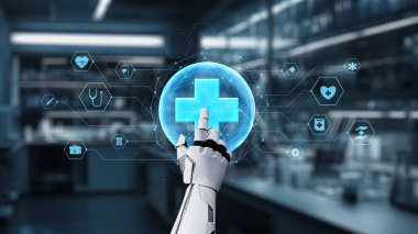 Tıbbi verilere ya da teşhis semptomlarına ulaşmak için robotik el işaretlerini kapatın ve tıbbi çapraz holograma tıklayın. Yapay zeka semptomları analiz ederken robot el çapraz kontrol yapıyor. Sağlıklı..