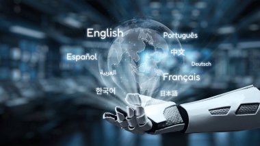 Gelecekçi bir robot el, dillerin isimleriyle çevrili, küresel iletişimi ve kültürlerin teknoloji yoluyla yakınlaşmasını sembolize eden parlayan bir küreye doğru uzanır. Auvana