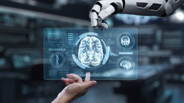 Robot ve insan elini uzatıyor ve parmağıyla beyin simgesini havada yüzdürüyor. Laboratuvar geçmişi bulanıklaşırken robot el ve insanın birlikte çalışmasını engelle. Sağlıklı..