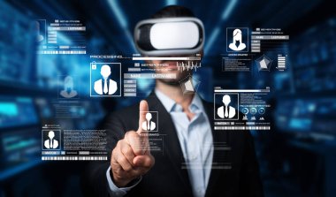 Sanal gerçeklik teknolojisini kullanarak siber güvenlik ve kimlik korumanın önemini vurgulayan kişisel bilgilerin dijital görüntüsünü kullanan bir profesyonel. XDMCP