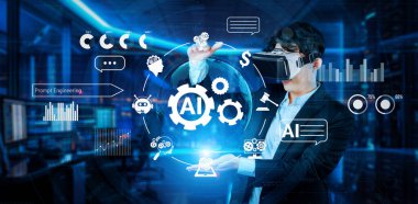 Akıllı proje yöneticisi AI sohbet hologramını tutuyor ve modern ofiste kulaklık takıyor. Profesyonel iş adamı bulanık geçmişi olan artırılmış gerçeklik gözlükleri üzerinde çalışıyor. Teknoloji. Yaratıcılık.