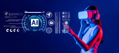 Sanal gerçeklik kulaklığı takan bir kadın gelişmiş yapay zeka teknolojilerini araştırıyor, insan ilişkilerinin ve yenilikçi yapay zeka çözümlerinin kesişimini sembolize ediyor. XDMCP