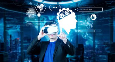 Akıllı proje yöneticisi AI sohbet hologramına işaret ediyor ve modern ofiste kulaklık takıyor. Profesyonel iş adamı bulanık geçmişi olan artırılmış gerçeklik gözlükleri üzerinde çalışıyor. Teknoloji. Yaratıcılık.