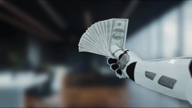 Gelecekçi bir robot, teknoloji ve finans birleşmesini sembolize ederek modern iş uygulamalarındaki yenilikleri ön plana çıkaran, gösterişli bir ofis alanında nakit bulundurur. MZL