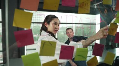 Genç kendine güvenen iş kadını projeyi uzman yatırımcıya sundu. Profesyonel proje yöneticisi başlangıç projesini açıklamak için yapışkan notlar kullanır, beyin fırtınası fikirlerini yatırımcıya paylaşır. Yönlendirici.