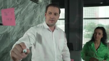 Yetenekli işadamı, cam duvara renkli yapışkan notlar yapıştırarak proje yöneticisine pazarlama fikrini sundu. Proje yöneticisi yatırımcıya projeyi gösteriyor, anlatıyor, gösteriyor. Yönlendirici.