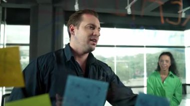 Profesyonel iş adamları yaratıcı pazarlama fikrini modern ofiste tartışırlar. İş adamları cam tahtada yapışkan notlar kullanarak finansal plan üzerinde çalışıyor. Yönlendirici.