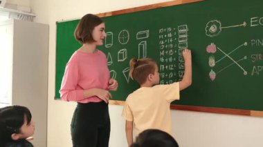 Tebeşir alırken ve ilkokulda teoriyi açıklarken sınıfta matematik sorusunu cevaplamak için karatahta yazan beyaz öğrenci. Çeşitli çocuklar matematik dersinde öğreniyor ve çalışıyor. Pedagoji.