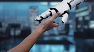 Gösterişli bir ofis ortamında holografik e-posta ikonlarına ve tebligatlara uzanan bir elin yer aldığı bir e-posta iletişiminin gelecekteki dijital temsili. Auvana