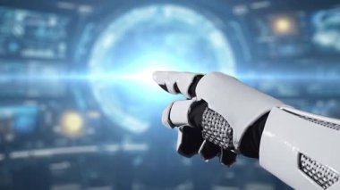 Robotik bir el ekranlarla dolu gelişmiş bir kontrol odasında parlayan dijital bir kontrol işaretine işaret ediyor, teknolojideki onayı ve yeniliği sembolize ediyor. Auvana