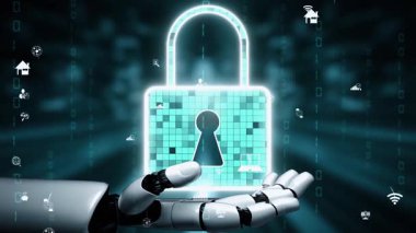 Gelecekçi robot yapay zeka yapay zeka yapay zekayı aydınlatıyor ve makine öğrenme kavramını geliştiriyor. İnsan hayatının geleceği için küresel robot biyonik bilim araştırması. 3B görüntüleme grafiği.