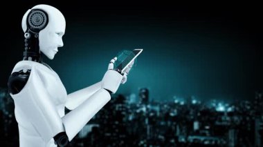 Future financial technology controll by AI robot huminoid uses machine learning and artificial intelligence to analyze business data and give advice on investment and trading decision . 3D rendering .