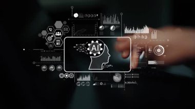 Dijital arayüzle yapay zeka kavramının soyut temsili ve teknoloji ortamında insan kafası silueti. Asemptotik akıllı veri analitiği.