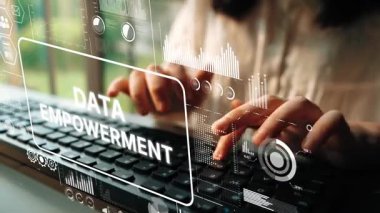 Modern Grafik ve Eller Klavyede Parlak Çalışma Alanında Yazılı Veri Güçlendirmenin Kavramsal Görüntüsü. Asemptotik akıllı veri analitiği.