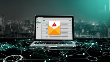 Cyber attacking concept. Malware alert showing on computer screen display scam and threat detection on computer system or online server to be removed snugly.