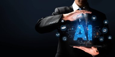 Yapay zeka teknolojilerini göstermek için dijital arayüz kullanan bir profesyoneli gösteren bir konsept görüntü, çok işlevli beceriler, katılım ve yenilikleri vurguluyor. XDMCP