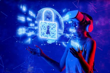 Sanal gerçekliğe dalmış dijital kilitler ve siber güvenlik sembolleriyle uğraşan ve veri gizliliği ve çevrimiçi güvenliğin önemini temsil eden bir kadının gelecekteki görüntüsü. XDMCP