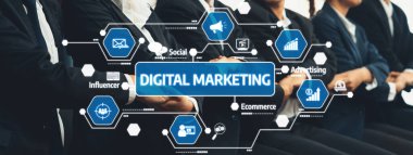 Çevrimiçi Reklamcılık ve Sosyal Medya Müdahalesinde Profesyonel Takım Elbiseler ve Modern Grafikleri Temsil Etme Eğilimleri ile İlllendirilmiş Dijital Pazarlama Kavramları. Dostluk