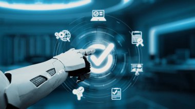 Parlak bir robot el, günlük hayatta ve sistem yönetiminde otomasyonun entegrasyonunu vurgulayan, teknoloji ikonlarının yer aldığı dijital bir arayüze doğru hareket eder. Auvana