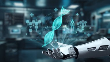 Bulanık laboratuvar arka planına sahip DNA hologramına robotik el gösterimi ve dokunuşlarını kapat. Tıbbi verilere erişmek ve onları teşhis semptomlarına bağlamak için robot el DNA ikonuna tıklıyor. Sağlıklı..