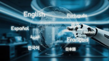 Gelecekçi bir robot, modern ortamlarda iletişim ve eğitimdeki teknolojik gelişmeleri vurgulayarak çeşitli dilleri gösteren bir küreyi işaret ediyor. Auvana