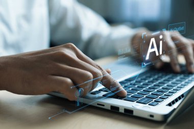 Yapay zeka sanal asistanı Chatbot ile yapay zeka konsepti ile insan etkileşimi, yapay zeka mühendisliği, LLM yapay zeka derin öğrenimi iş desteği için üretken yapay zeka kullanımı. FaaS