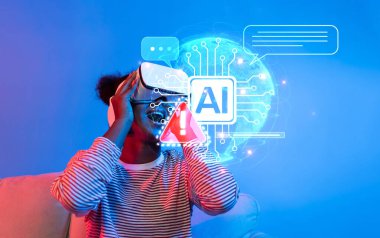 Genç bir birey, yapay zekayı ve dijital iletişimi temsil eden ve teknolojinin etkilerini gösteren sanal gerçeklik kulaklığı takar. XDMCP