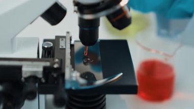 Bilimsel laboratuar araştırmacısı mikroskobik slayta kan örneği bırakır. Tıbbi muayene için ya da yeni teşhis aleti için. Mikrobiyolog, tıp çalışanı laboratuarda deney yapıyor. Ağır çekim. Katı.