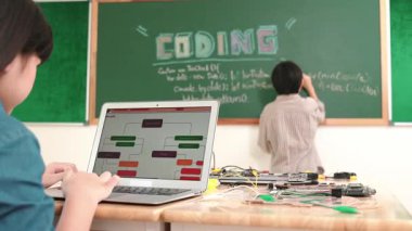 Kız, yazılım geliştirme planı yazarken yapay zeka yazılımı ya da programlama sistemini kullanarak kök sınıftaki elektronik ana tahtada yapay zeka üretiyor. Pedagoji.