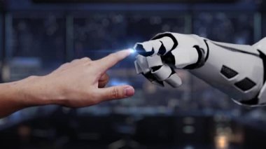 İnsan ve robot eller arasındaki işbirliğini gösteren fütüristik bir sahne, dijital ortamda bir ödül sembolü aracılığıyla kalite başarısı kavramını vurguluyor. Auvana