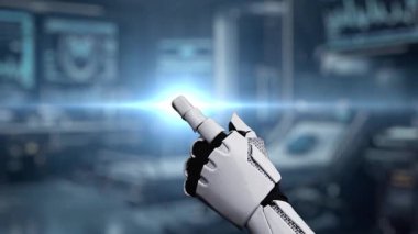 Tıbbi verilere ya da teşhis semptomlarına erişmek için robot ellerle DNA hologramına tıklayın. Yapay zeka semptomları analiz ederken genetik simülasyonda robot el kontrolü. Sağlıklı..