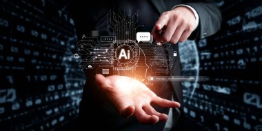 Yapay zeka sanal asistanı Chatbot ile yapay zeka konsepti ile insan etkileşimi, yapay zeka mühendisliği, LLM yapay zeka derin öğrenimi iş desteği için üretken yapay zeka kullanımı. FaaS