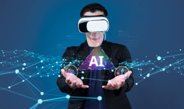 Bu resim, yapay zeka etiği, dijital yönetim ve çağdaş teknolojiye uyumu sembolize eden sanal gerçeklik kulaklığı içindeki bir adamı gösteriyor. XDMCP