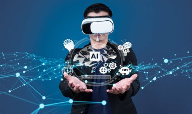 Yapay zeka mühendisliği, büyük veri ve yapay zeka makinesi kavramında yapay zeka beyin işlemcisiyle iş desteği için üretken yapay zeka kullanmayı öğrenen insan etkileşimi. Faas