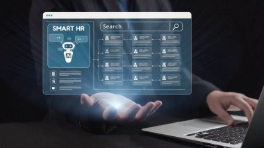 Çalışan veri işleme ve verimli arama yeteneklerine odaklanmış yenilikçi bir insan kaynakları yönetim sistemini gösteren gelecekçi bir dijital arayüz keşfedin. Dörtgen