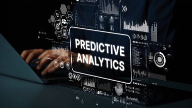 Veri Görselleştirmeleri ve Grafikleriyle Öngörülebilir Analitik Konsepti içeren Modern Teknoloji Arayüzü. Asemptotik akıllı veri analitiği.