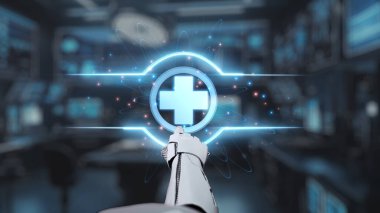 Tıbbi verilere ya da teşhis semptomlarına ulaşmak için robotik el işaretlerini kapatın ve tıbbi çapraz holograma tıklayın. Yapay zeka semptomları analiz ederken robot el çapraz kontrol yapıyor. Sağlıklı..