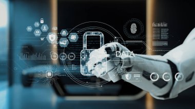 Gelecekçi bir robotik el, modern ortamlardaki yenilik ve teknolojiyi yansıtan, veri koruması ve siber güvenliği sembolize eden dijital bir arayüze bağlanır. Auvana