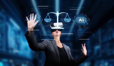 Yapay zeka ve yasal çerçeveler arasındaki karışımın vizyoner bir temsili, dijital bir manzarada etik, uyumluluk ve yönetim temalarını gözler önüne seriyor. XDMCP