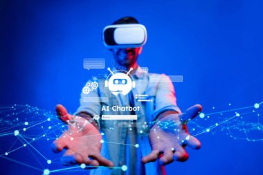 Yapay zeka sanal asistanı Chatbot ile yapay zeka konsepti ile insan etkileşimi, yapay zeka mühendisliği, LLM yapay zeka derin öğrenimi iş desteği için üretken yapay zeka kullanımı. FaaS