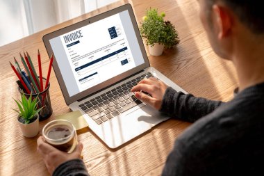 Muhasebe uygulamasından gelen fatura bilgisayar ekranında. Şirket işlerinin finans ve bütçesi için bilgisayar programı. Rahatça..