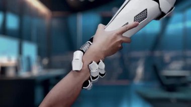 Dinamik bir görsel, insan eli ile robot kolu arasındaki etkileşimi gösteriyor, modern teknoloji ortamında 24 saat hizmet ve desteği vurguluyor. Auvana
