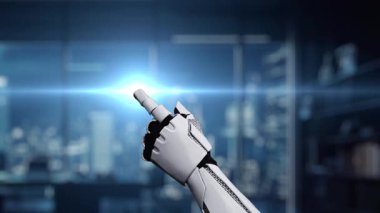 Robotik bir el, gece modern ofis ortamında ileri teknoloji, siber güvenlik ve dijital yeniliği simgeleyen holografik güvenlik arayüzüne dokunuyor. Auvana