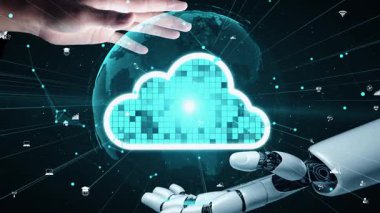 Gelecekçi robot yapay zeka yapay zeka yapay zekayı aydınlatıyor ve makine öğrenme kavramını geliştiriyor. İnsan hayatının geleceği için küresel robot biyonik bilim araştırması. 3B görüntüleme grafiği.