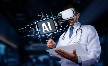 Bir doktor yapay zeka teknolojisiyle etkileşime girmek için sanal gerçeklik kulaklığı kullanır, bu da sağlık hizmetlerindeki ve hasta tedavisindeki modern gelişmeleri temsil eder. PHMT