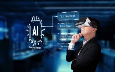 İş adamı sanal gerçeklikte yapay zekayı keşfeder, dinamik dijital çalışma alanında metin ve görüntü oluşturmada yenilikçi araçlarla uğraşır. XDMCP